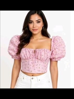 Pink Puff Sleeve Crop Top - Women's Floral Square Neck